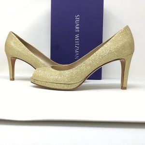 Stuart Weitzman Gold Noir Platform Peep Toe Heels